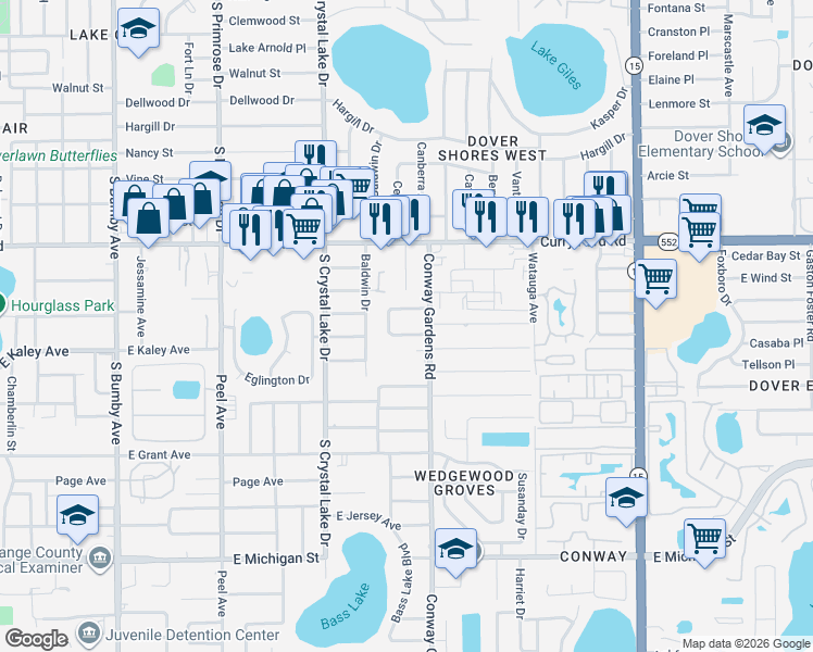 map of restaurants, bars, coffee shops, grocery stores, and more near 3500 East Kaley Avenue in Orlando