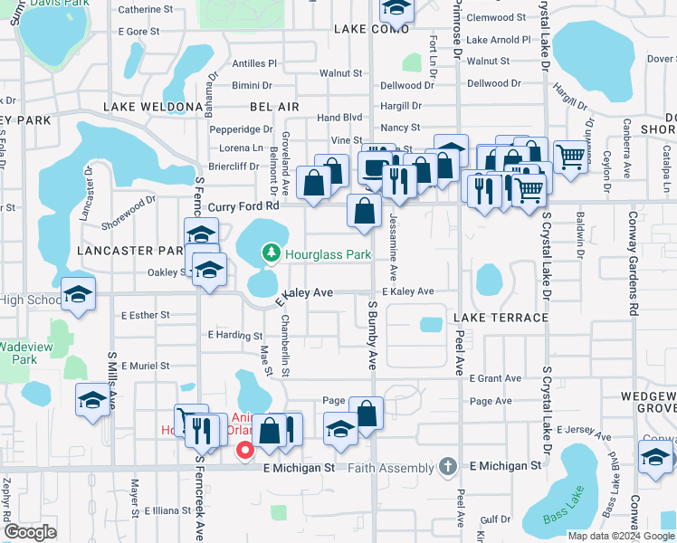 map of restaurants, bars, coffee shops, grocery stores, and more near 2015 East Kaley Avenue in Orlando