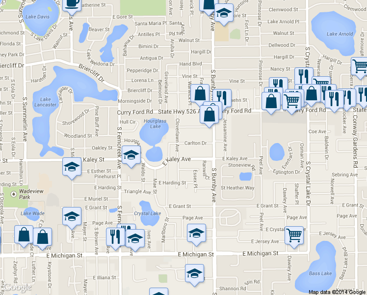 map of restaurants, bars, coffee shops, grocery stores, and more near 2015 East Kaley Avenue in Orlando