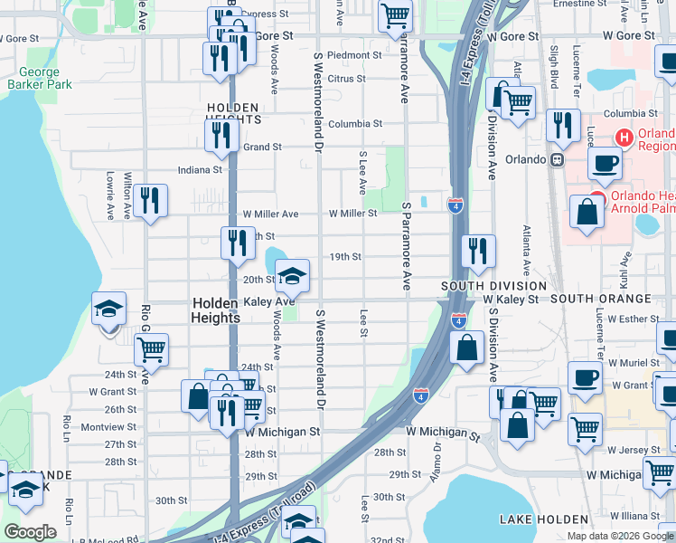 map of restaurants, bars, coffee shops, grocery stores, and more near 908 20th Street in Orlando