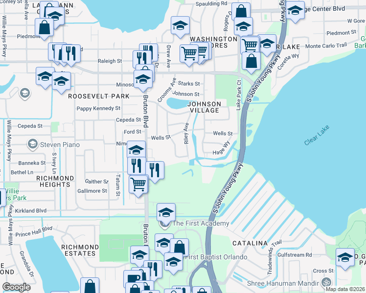 map of restaurants, bars, coffee shops, grocery stores, and more near 1815 Guinyard Way in Orlando