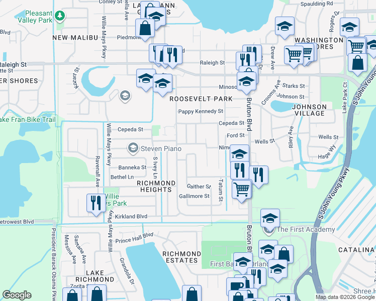 map of restaurants, bars, coffee shops, grocery stores, and more near 1825 Aaron Avenue in Orlando