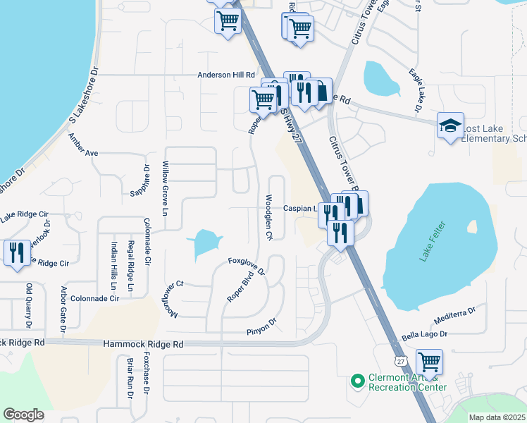 map of restaurants, bars, coffee shops, grocery stores, and more near 12123 Woodglen Circle in Clermont