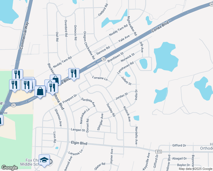 map of restaurants, bars, coffee shops, grocery stores, and more near 6391 Freeport Drive in Brooksville