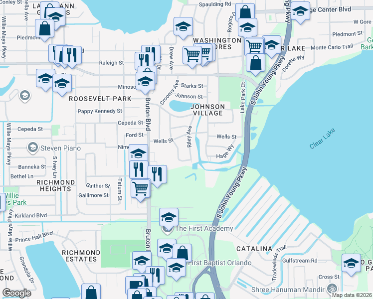 map of restaurants, bars, coffee shops, grocery stores, and more near 1815 Guinyard Way in Orlando