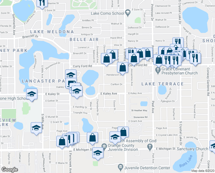 map of restaurants, bars, coffee shops, grocery stores, and more near 2015 East Kaley Avenue in Orlando
