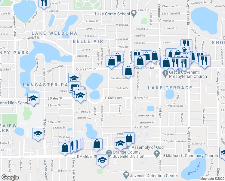 map of restaurants, bars, coffee shops, grocery stores, and more near 2016 Carlton Drive in Orlando