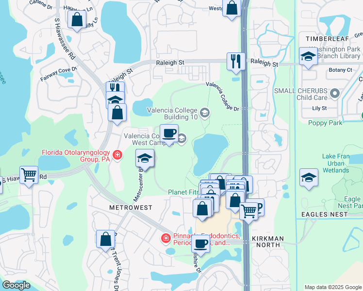 map of restaurants, bars, coffee shops, grocery stores, and more near 1800 South Kirkman Road in Orlando