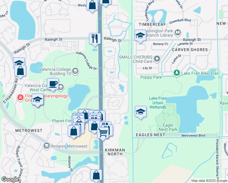 map of restaurants, bars, coffee shops, grocery stores, and more near 1673 South Kirkman Road in Orlando