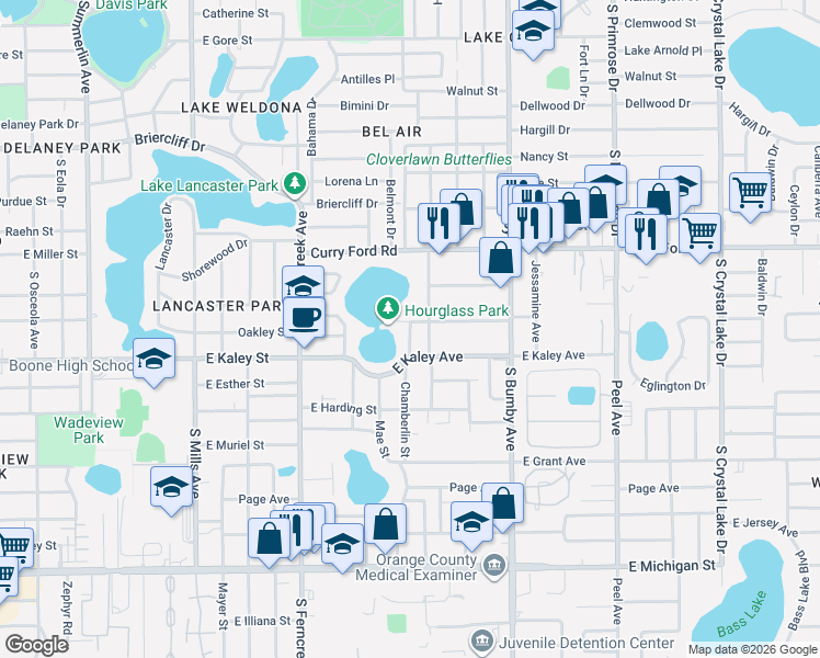 map of restaurants, bars, coffee shops, grocery stores, and more near 1811 Chamberlin Street in Orlando