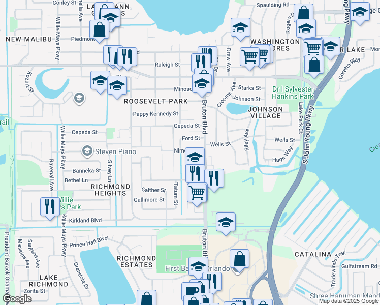 map of restaurants, bars, coffee shops, grocery stores, and more near 1811 Liston Drive in Orlando