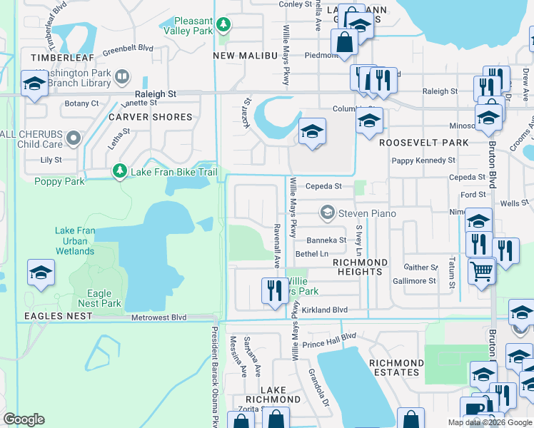 map of restaurants, bars, coffee shops, grocery stores, and more near 1797 Flores Court in Orlando