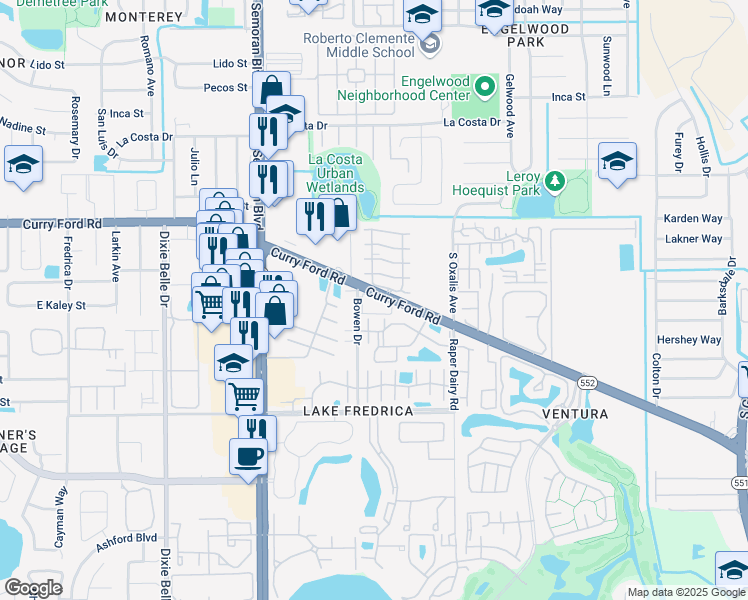 map of restaurants, bars, coffee shops, grocery stores, and more near 5916 Curry Ford Road in Orlando