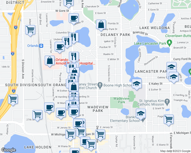 map of restaurants, bars, coffee shops, grocery stores, and more near 1808 Delaney Avenue in Orlando