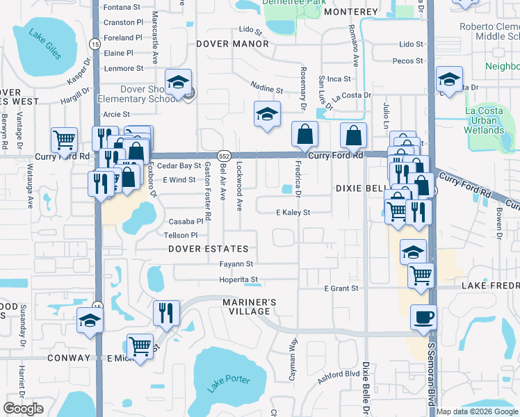 map of restaurants, bars, coffee shops, grocery stores, and more near 5204 East Kaley Street in Orlando