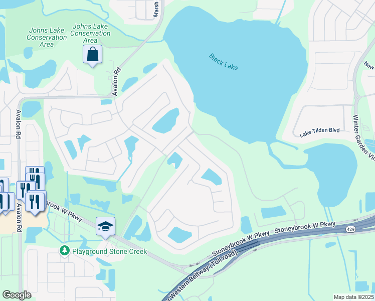 map of restaurants, bars, coffee shops, grocery stores, and more near 2125 Oakington Street in Winter Garden