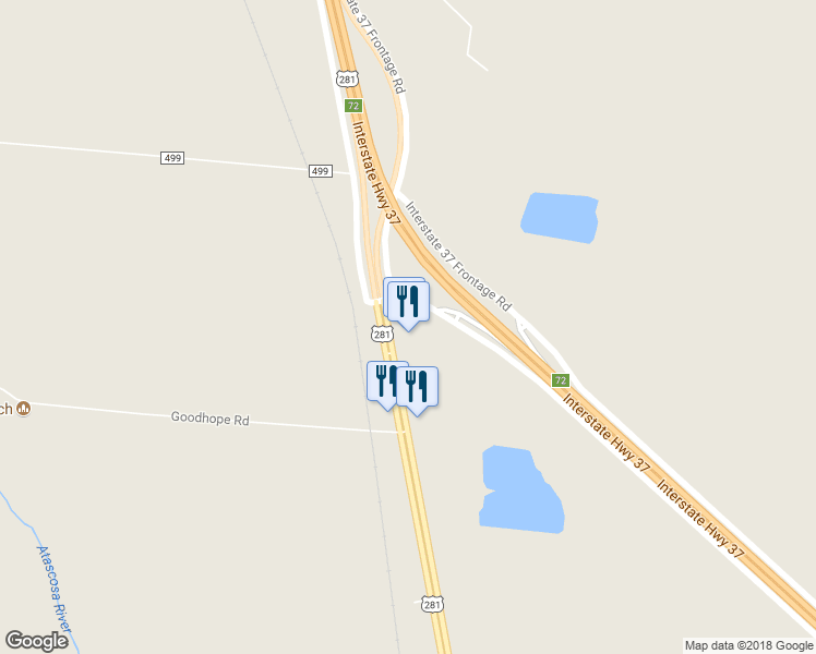 map of restaurants, bars, coffee shops, grocery stores, and more near 2645 U.S. 281 in Three Rivers