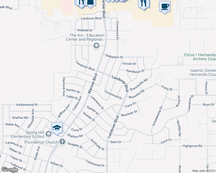 map of restaurants, bars, coffee shops, grocery stores, and more near 6326 Covewood Drive in Spring Hill