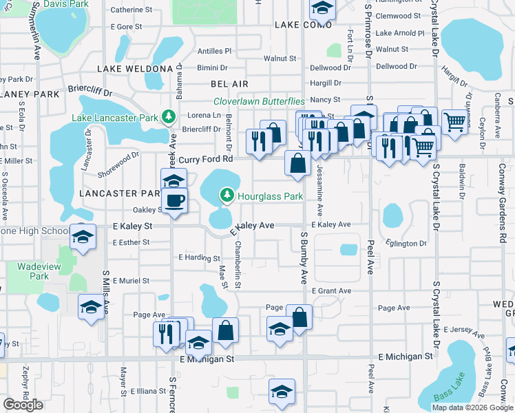 map of restaurants, bars, coffee shops, grocery stores, and more near 2015 East Kaley Avenue in Orlando