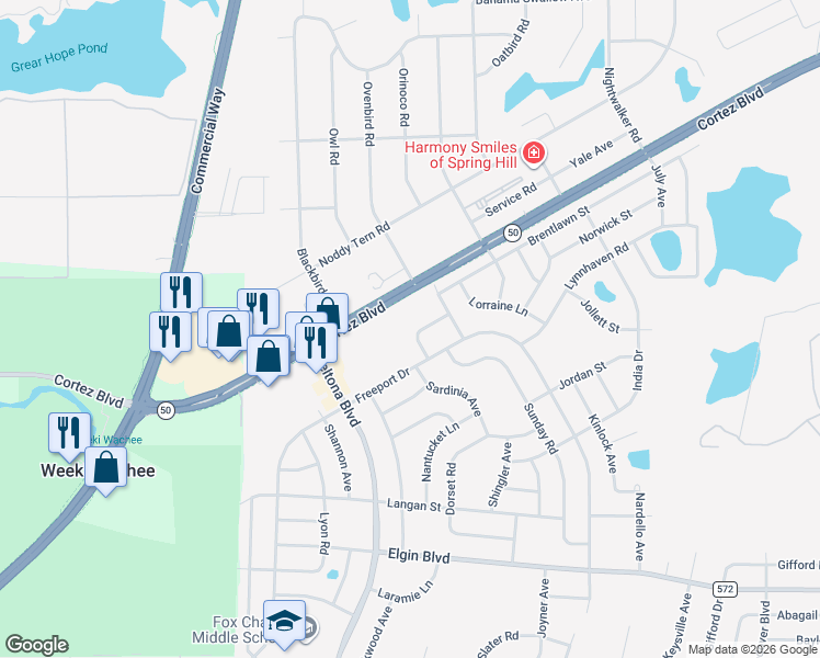 map of restaurants, bars, coffee shops, grocery stores, and more near 6289 Freeport Drive in Spring Hill