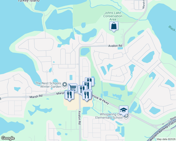 map of restaurants, bars, coffee shops, grocery stores, and more near 1249 Priory Circle in Winter Garden