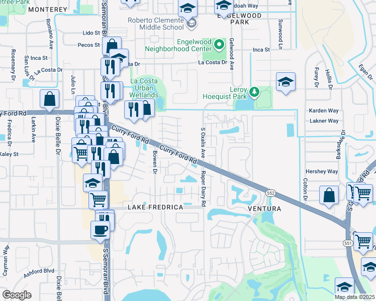 map of restaurants, bars, coffee shops, grocery stores, and more near in Orlando
