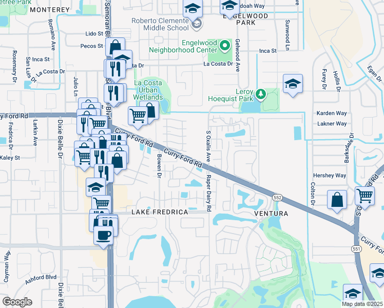 map of restaurants, bars, coffee shops, grocery stores, and more near in Orlando