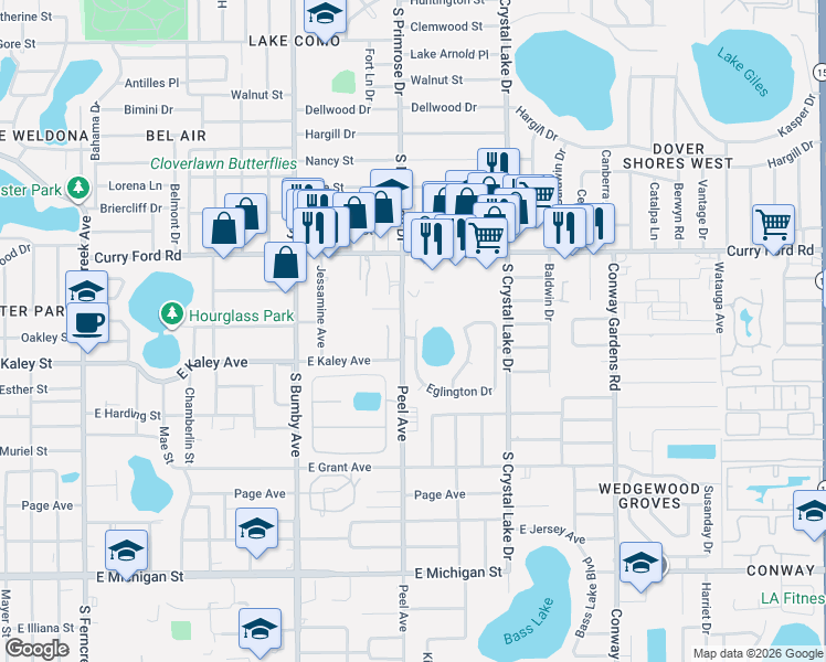 map of restaurants, bars, coffee shops, grocery stores, and more near 1823 Burchstone Drive in Orlando