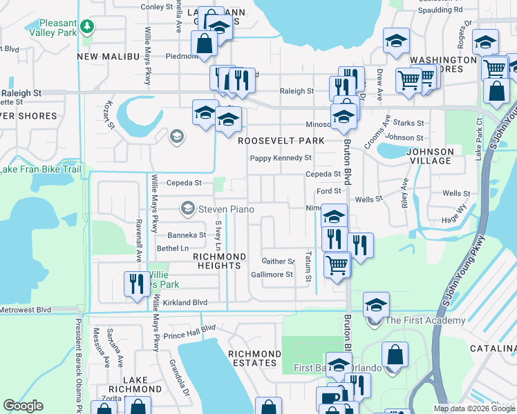 map of restaurants, bars, coffee shops, grocery stores, and more near 1825 Aaron Avenue in Orlando