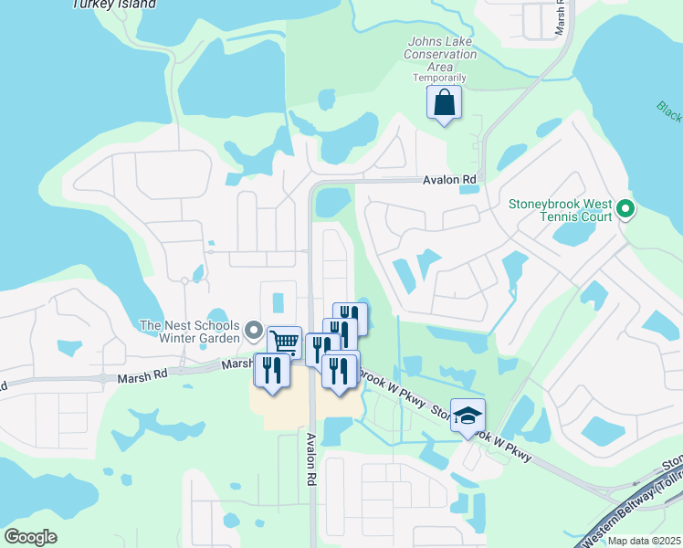 map of restaurants, bars, coffee shops, grocery stores, and more near 1276 Priory Circle in Winter Garden