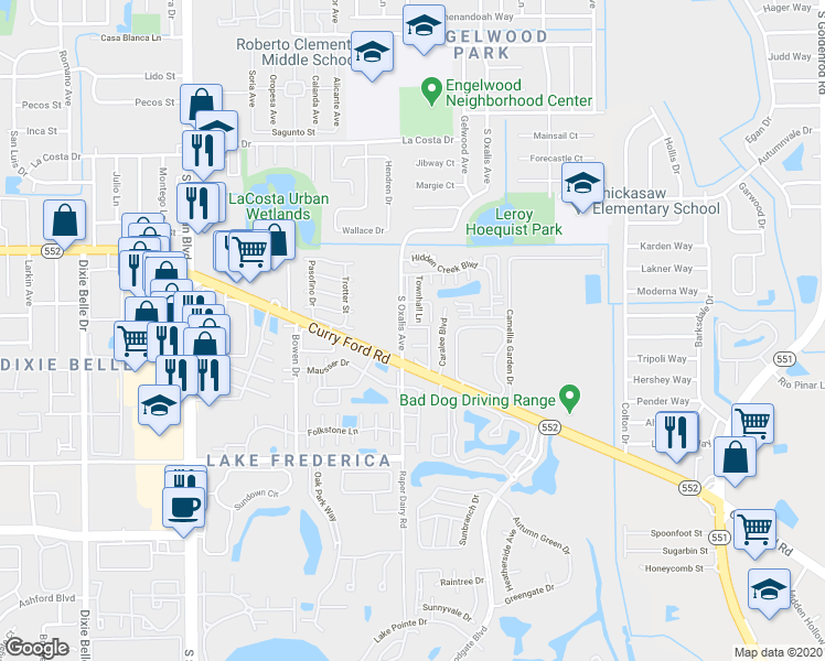 map of restaurants, bars, coffee shops, grocery stores, and more near 6032 Amberly Court in Orlando