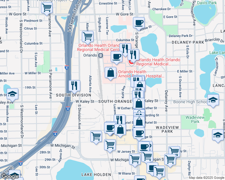 map of restaurants, bars, coffee shops, grocery stores, and more near 1803 South Lucerne Terrace in Orlando