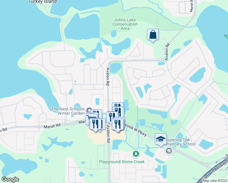 map of restaurants, bars, coffee shops, grocery stores, and more near 15523 Campden Street in Winter Garden