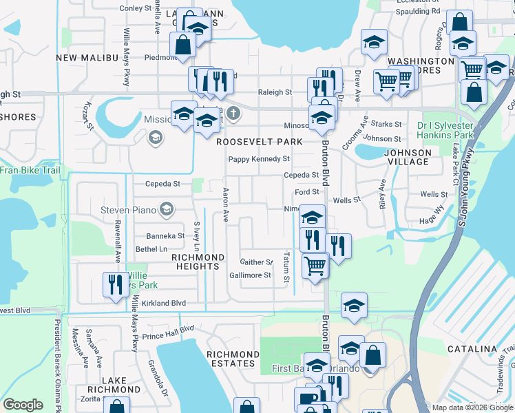 map of restaurants, bars, coffee shops, grocery stores, and more near 1817 Owens Street in Orlando