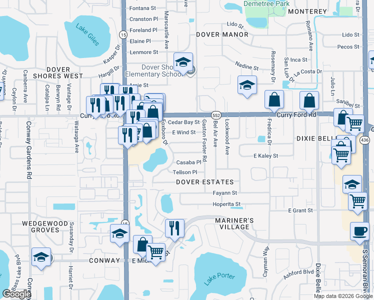 map of restaurants, bars, coffee shops, grocery stores, and more near 4911 Casaba Place in Orlando