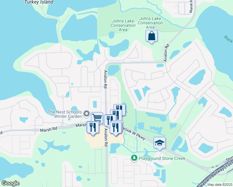 map of restaurants, bars, coffee shops, grocery stores, and more near 1280 Priory Circle in Winter Garden