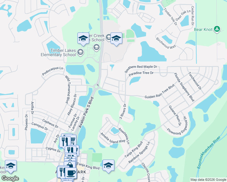 map of restaurants, bars, coffee shops, grocery stores, and more near 14022 Golden Rain Tree Boulevard in Orlando