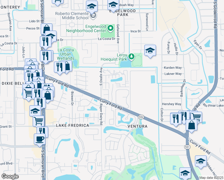 map of restaurants, bars, coffee shops, grocery stores, and more near 1882 Caralee Boulevard in Orlando