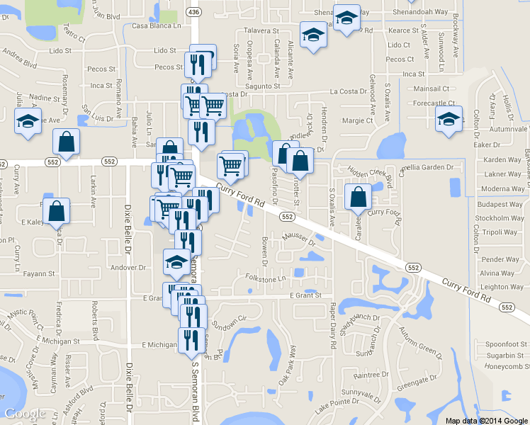 map of restaurants, bars, coffee shops, grocery stores, and more near 5901 Mausser Drive in Orlando