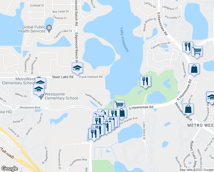 map of restaurants, bars, coffee shops, grocery stores, and more near 1801 Baillie Glass Lane in Orlando