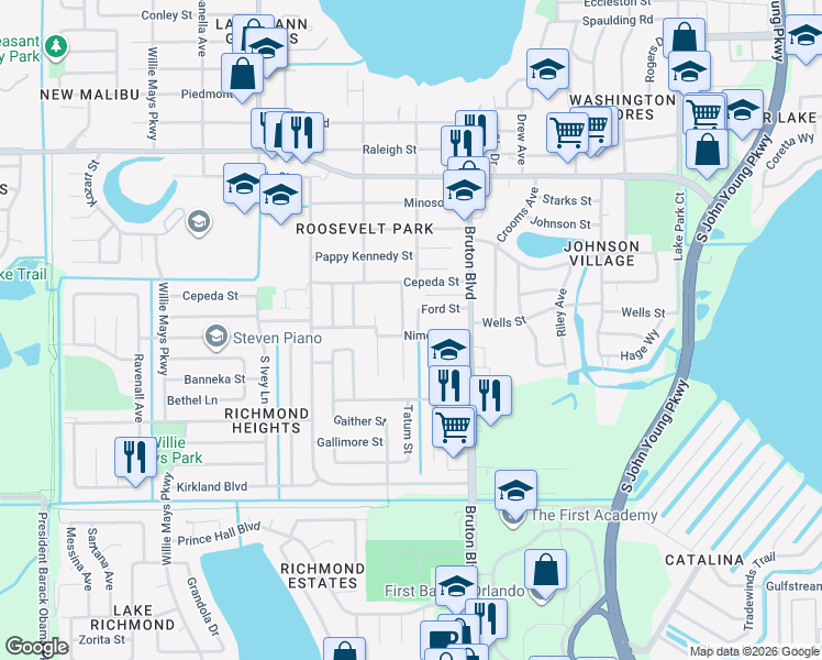 map of restaurants, bars, coffee shops, grocery stores, and more near 1914 Williams Manor Avenue in Orlando