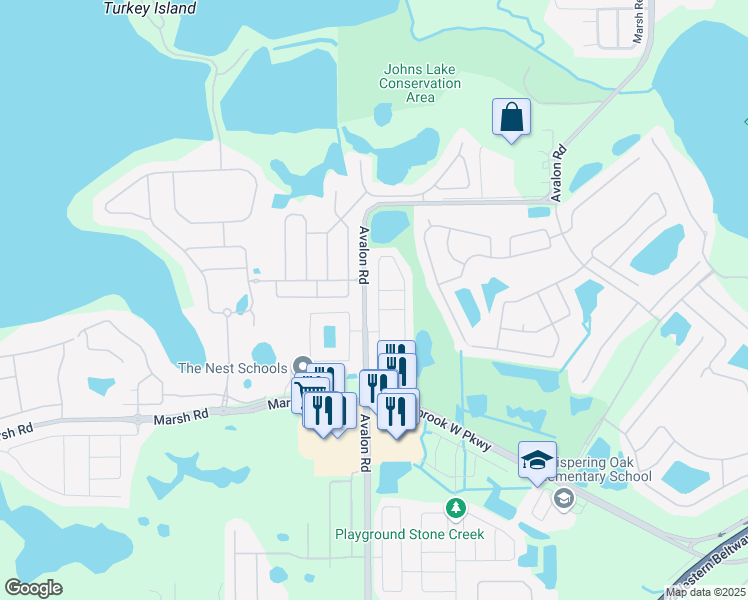 map of restaurants, bars, coffee shops, grocery stores, and more near 1555 Priory Circle in Winter Garden