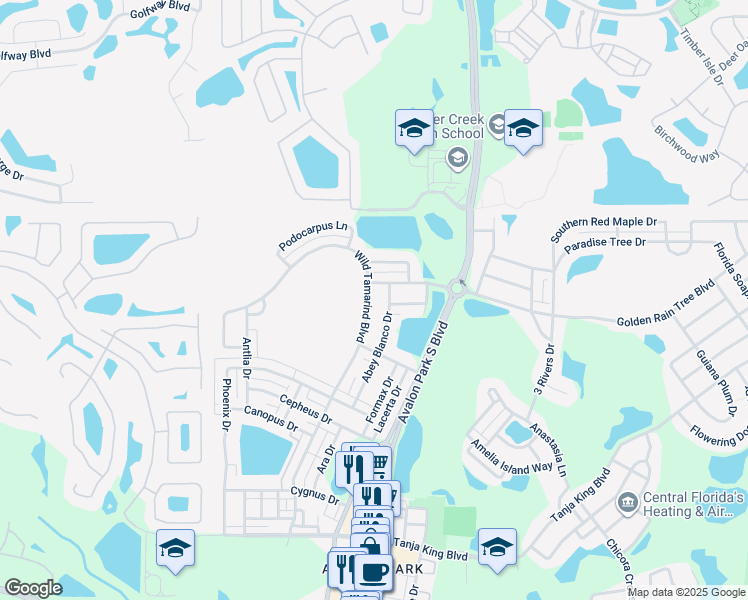 map of restaurants, bars, coffee shops, grocery stores, and more near 2547 Wild Tamarind Boulevard in Orlando