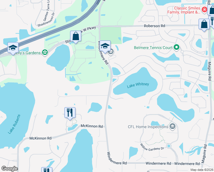 map of restaurants, bars, coffee shops, grocery stores, and more near 1490 Windermere Road in Winter Garden