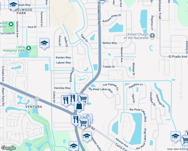 map of restaurants, bars, coffee shops, grocery stores, and more near 1715 South Goldenrod Road in Orlando