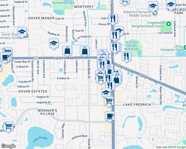 map of restaurants, bars, coffee shops, grocery stores, and more near 5610 Curry Ford Road in Orlando