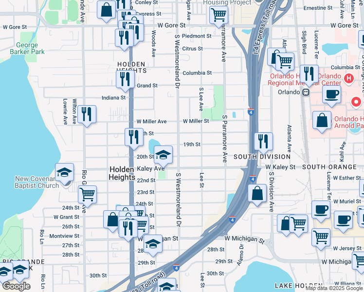 map of restaurants, bars, coffee shops, grocery stores, and more near 1802 South Westmoreland Drive in Orlando