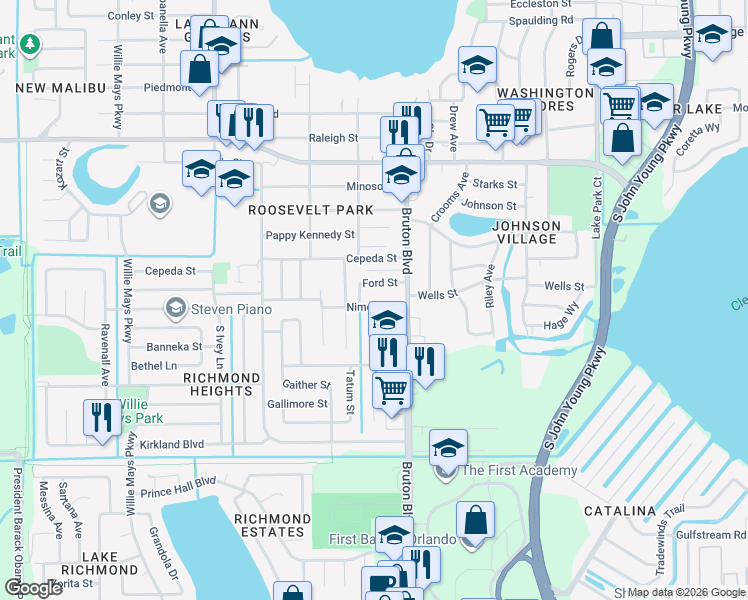 map of restaurants, bars, coffee shops, grocery stores, and more near 4072 Banks Avenue in Orlando