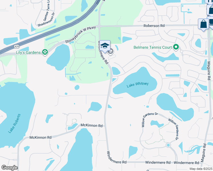 map of restaurants, bars, coffee shops, grocery stores, and more near 1490 Windermere Road in Winter Garden