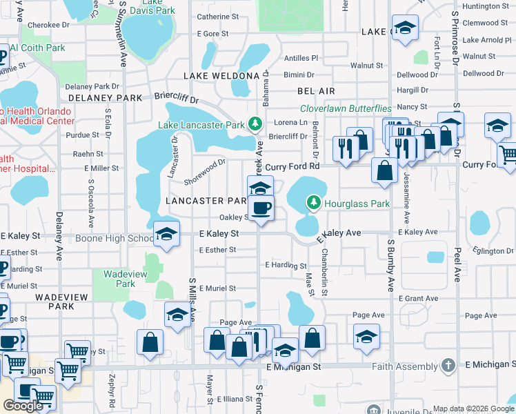 map of restaurants, bars, coffee shops, grocery stores, and more near 1622 South Ferncreek Avenue in Orlando